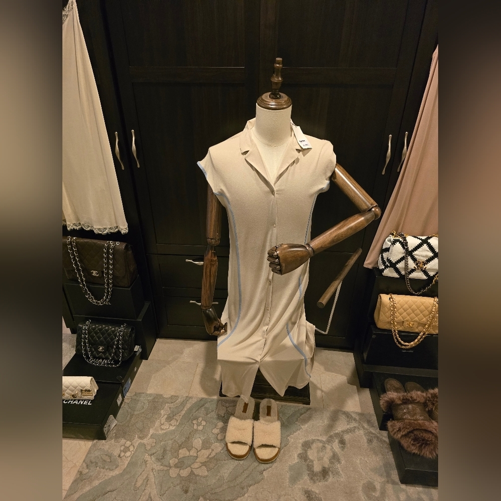 Frette LuxuryNewW/Tags 2025 Beige  Nightgown Pyjamas w/Blue Trim Button Down - Picture 2 of 15